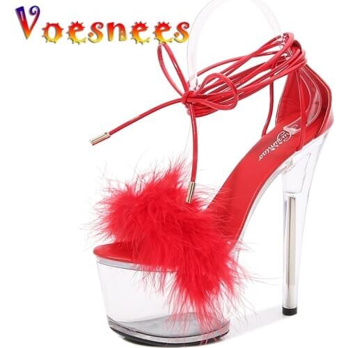 Voesnees Wedding Shoes Lace-up Sexy Platform Women Shoes Fur Thin Heels Clear Heels For Women Summer Sandals 2021 New Fashion