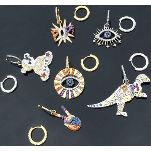 SLJELY High Quality Women 925 Sterling Silver Asymmetric Mutilcolor Cubic Zirconia Lucky Eye Dino Skull Bear Pop Drop Earrings