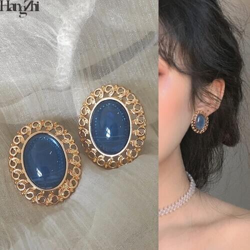 HangZhi 2020 New Vintage Baroque Blue Glassy Resin Geometric Oval Hollow Gold Metal Stud Earrings for Women Party Jewelry