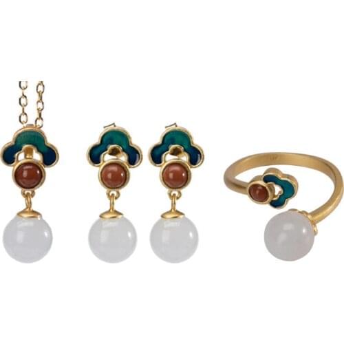 S925 sterling silver Hetian jade Ear studs Female Gold plating Enamel Chinese style Ruyi Ring Pendant Suit