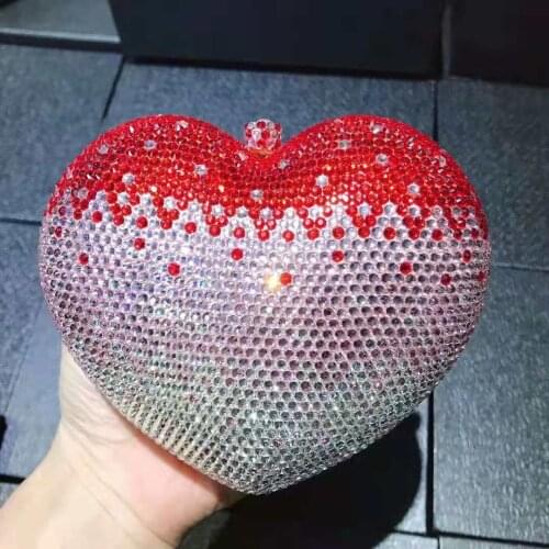 Heart Shape Red Pink White Gradient Womens Evening Purses And Bags Lady Crystal Clutch Wallet Party Prom Female Diamond Handbag