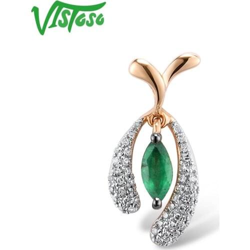 VISTOSO Gold Pendants For Women Pure 14K 585 Rose Gold Natural Emerald Sparkling Diamond Wedding Fine Jewelry