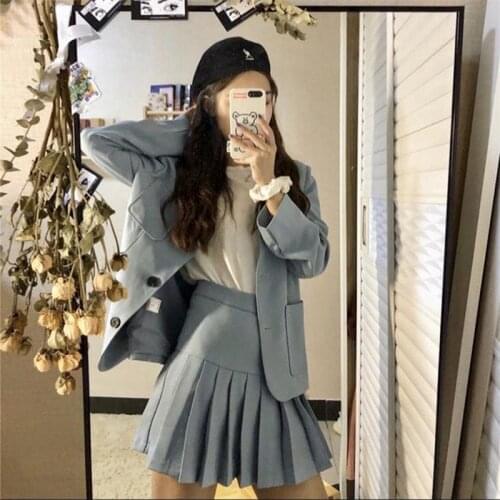 Women Skirt Set] Spring Autumn New Korean Version Haze Blue Suit Loose Retro Jacket College Style Pleated Skirt Two-piece Suit