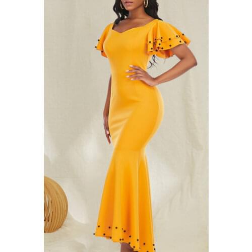 Women Yellow Long Dress Party with Beading Dinner Evening Mermaid Maxi Plus Size Female Birthday Celebrate Clothing for Summer
