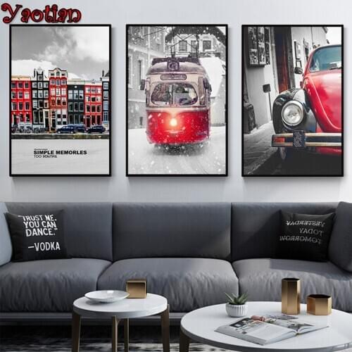 3 piece Red Bus landscape Diamond art Embroidery Full Square Diamond Painting Cross Stitch Mosaic Triptych Painting