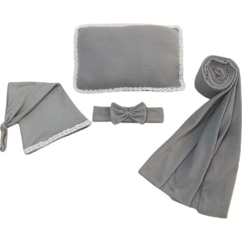 Newborn Baby 4Pcs Photography Props Headband Knotted Hat Swaddle Blanket Pillow