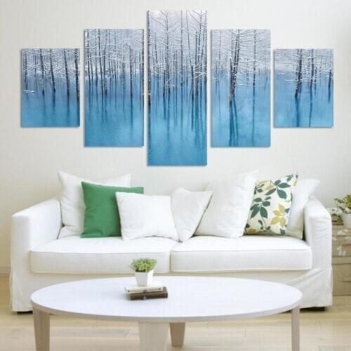 5 Pcs Abstract Winter Snow Landscape Modern Canvas Painting Blue Lake Tree Wall Pictures Art Prints Posters Home Decor