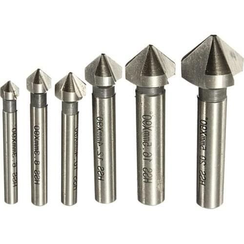 Round shank 6pcs 3 Flute 90 Degree HSS Chamfer Chamfering Cutter End Mill Tool Countersink Drill Bit Set 6.3-20.5MM