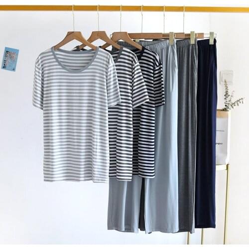 90 Kg Wear Big Size Sleepwear Pajamas For Women New Fashion Striped Summer Pyjamas Female Short Sleeve Trousers Two Piece Set