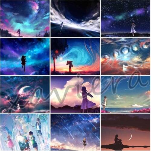 Xaviera Diy 5D Diamond Painting Anime Girl Night Scene Full Round Drill Mosaic Rhinestone Embroidery Cross Stitch Kit Home Decor