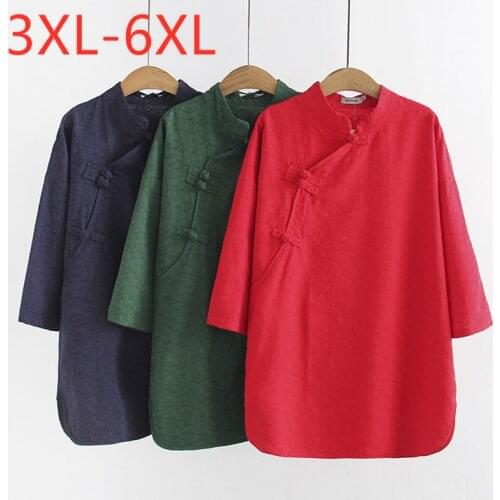 New 2021 Ladies Summer Plus Size Tops For Women Large Blouse Loose Casual Cotton Linen Jacquard Weave Red Shirt 3XL 4XL 5XL 6XL