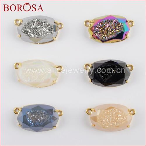 BOROSA Wholesale Gold Color Bezel Claw Hexagon Rainbow Titanium Druzy Faceted Connector For Necklace Making For Women ZG0329