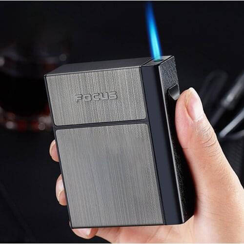 Straight Jet Flame Cigarette Case Lighter Metal 20Pcs Capacity Cigarettes Box Windproof Inflatable Lighter Smoking Accessories