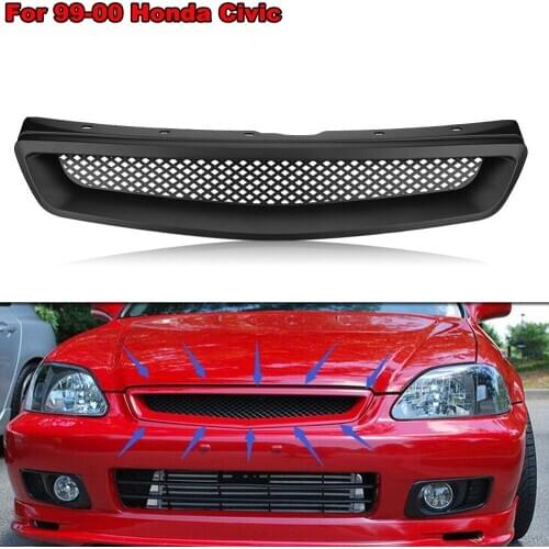 Gloss Black Mesh ABS Front Racing Bumper Hood Center Grille Grill For 1999-2000 Honda Civic Accessories T-R Style Replacemet Kit