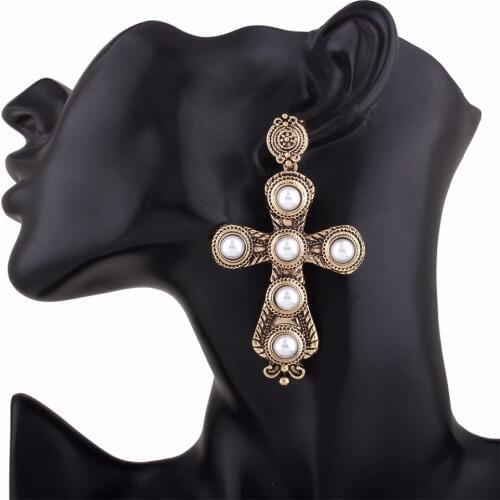 European Ancient Cross Pearl Drop Earrings Women Exaggeartion Dangle Earrings Statement Jewelry ER68