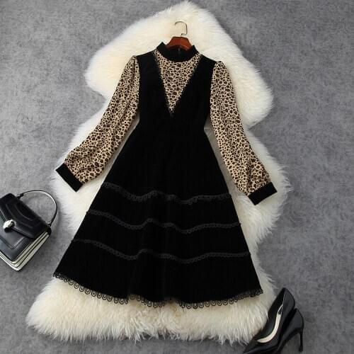 And American womens European wear 2021 winter new style Long - sleeved standneck with leopard print Fashionable velvet dress