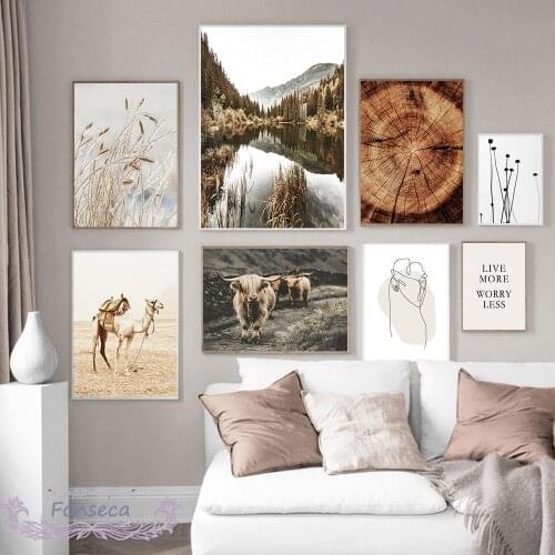 Autumn Forest Cow Camel Print Canvas Painting Nature Plant Landscape Poster Nordic Scandinavian Couple Line Wall Art Pictures