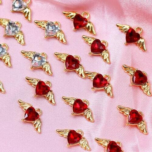 10Pcs Wholesale Angel Wings Crystal Heart Pendant Charms Golden Metal Accessories With Hole High Quality DIY Jewelry Findings