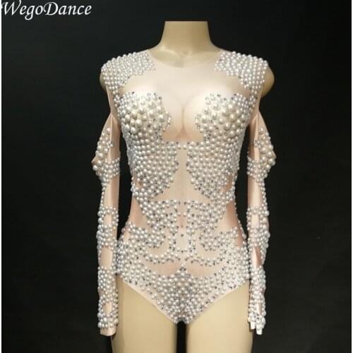 New Women gogo Dancer Bling Costumes Sexy Bodysuit White Sparkle Pearl Jumpsuit Long Sleeve Nightclub Birthday Party Stage Wear