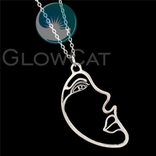 Silver Color Trendy Temperament Abstract Human Face Pendant Necklace Hollow Facial Contour 45cm Chains Necklace