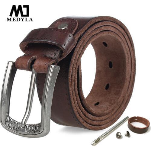 MEDYLA Brand Natural Leather Belt Men Retro Hard Metal Buckle Soft Italian Leather Mens Jeans Belt Mens Accessories Gift