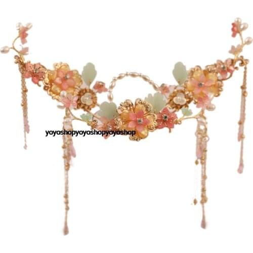 Luxury handmade PINK yellow Chinese retro hair crown suit Martial arts fairy headdress Pearl shell hairpin clip