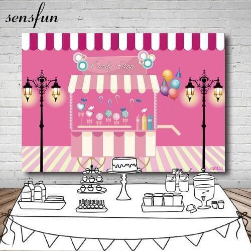 Sensfun Hot Pink Candy Bar Backgrounds For Photo Studio Street light Balloons Girls Photography Backdrop 7x5ft Vinyl Polyester