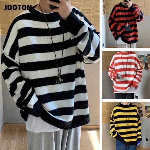 JDDTON New Mens Stripe Sweater Casual Long Sleeve Patchwork Sweater Slim Fit Streetwear Autumn Pullover Male Fashion Coat JE380