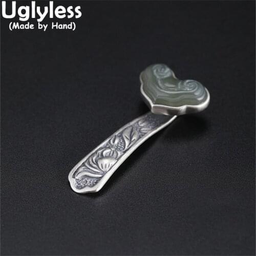 Uglyless China Chic RUYI Natural Jade Pendants Women Abstract Heart Ethnic Necklaces 925 Thai Silver Flowers Jewelry NO Chains
