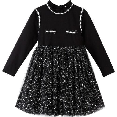 Spring Fall Girls Princess Dress Black Elegant Kids Party Clothes for Girl Star Mesh Long Sleeve Girl Dresses Toddler Costume