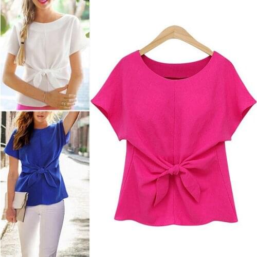 Plus Size Bow Bandage Short Sleeve Women Blouse O Neck Solid Elegant Casual Office Lady Shirts 2021 Summer New Fashion Blouse
