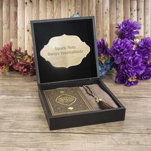 Special Design Wooden Box Black, Bag Size Quran Coffee, Silvery Shawl, Gift Set with Crystal Rosary Set FREE SHİPPİNG