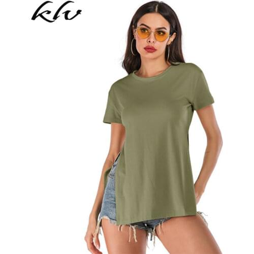 Women Summer Short Sleeve O-Neck T-Shirt Sexy Side High Split Loose Pullover Tunic Tops Solid Color Casual Streetwear