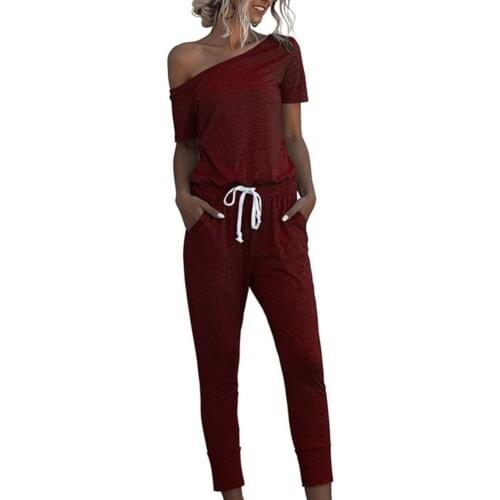 Women Romper 2021 New Solid Color Tight Waist 4 Colors Ladies Oblique Shoulder Jumpsuit Drawstring Design With Pockets for Dail