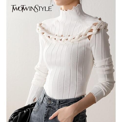 TWOTWINSTYLE Slim Twist Kink Sweater For Women Turtleneck Long Sleeve Hollow Out Sexy Knitted Tops Female Fashion New Clothing