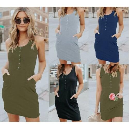 VS&LLWQ Women Summer Cotton Bodycon Dress Solid Mini Casual Loose Sleeveless Button Dresses For Women 2021