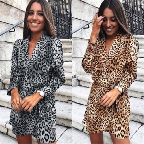 Women Leopard V Neck Lace Up Wrap Dress Ladies Evening Party Dress Pary Waist Autumn Clothes For Women