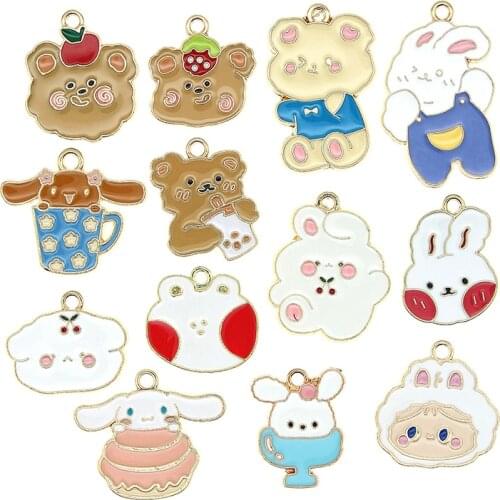 10pcs/lot Cute Strawberry Bear Dog in the Cup Apple Rabbit Enamel Cartoon Animals Charms For Metal Earrings DIY Jewelry Makings
