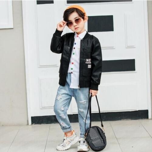 Children Boys Casual Outfit Set Spring Autumn Fashion Boys Faux leather coat + shirts + jeans 3pcs For Kid Boy Clothes 2-6years