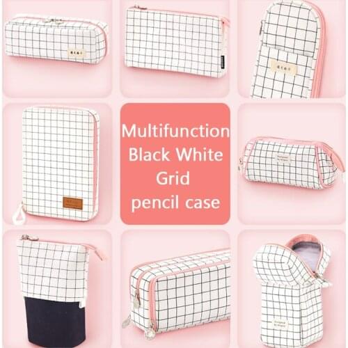 Black White Grid Korea Cute Pencil Case Big Pencil Box Kawaii Zipper Multifunction Storage Bag Estuche Escolar School Supplies