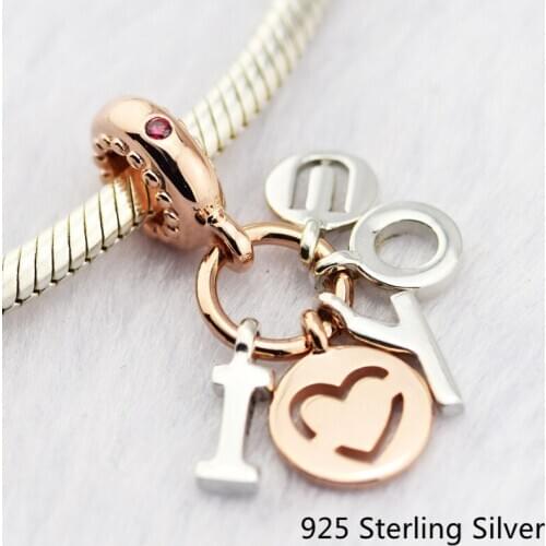 CKK 925 Sterling Silver I Love You Dangle Charm, Rose & Red Original Beads Jewelry Making Fits For Bracelets