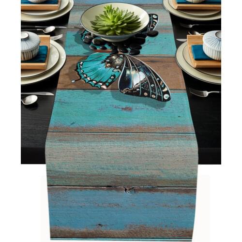 Wooden Texture Turquoise Butterfly Table Runner Kitchen Decor Tablecloth Placemat Hotel Home Wedding Decor Table Runners