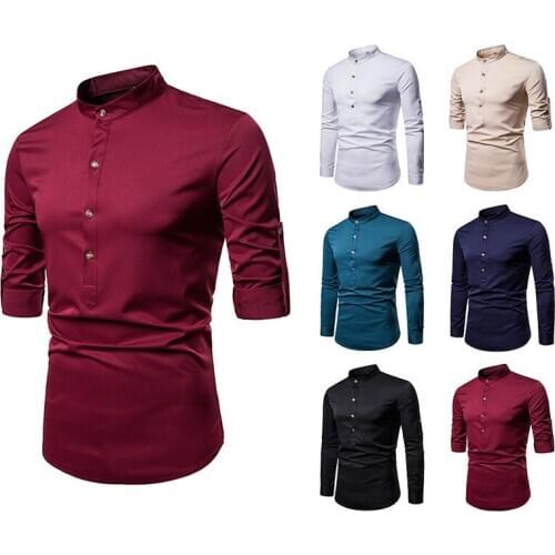 Classical Vintage Henry Collar Shirt Men Long Sleeve Solid Pullover Blouse Man Casual Slim Fit Social Shirt Male White Khaki Red