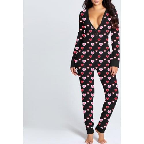 Valentines Day Women Pajamas Onesies Long Sleeve Button Flap Nightwear Jumpsuit Bodysuit Playsuit Romper pijama familia inverno