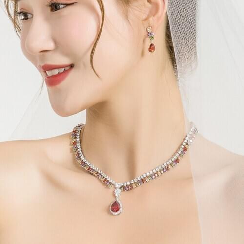 HUAMI Wedding Costuming Jewelry Set Earrings and Necklace High Quality Top Sale Two-piece Four Color Bridal Jewelry Chain 41cm