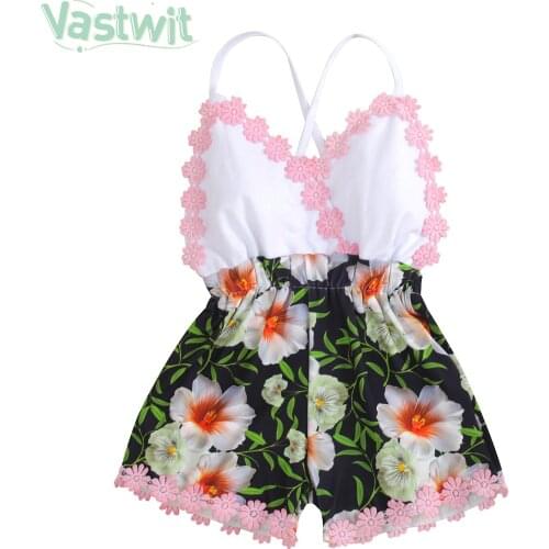 Summer Baby Girl Princess Floral Printed Lace Patchwork Strap Overall Romper Backless V Neck Jumpsuit Outfit Toddler Kid Sunsuit