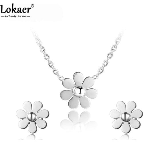 Lokaer 316L Stainless Steel Dazzling Daisy Flower Choker Neckalce Earrings Sets Office Style Lovely Set Jewelry For Women SE043