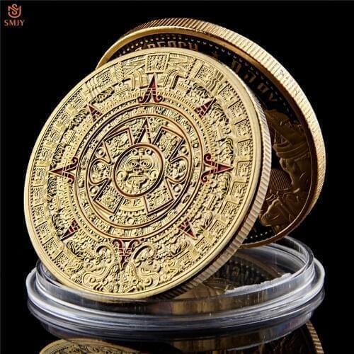 Mexican Maya Aztec Calendar Prophecy Culture Gold Plated 999 Replica Commemorative Coin Collectibles