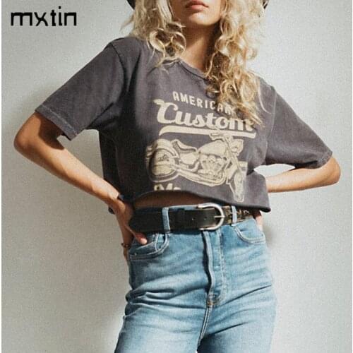 MXTIN 2021 Summer Vintage Motorcycle Print T Shirt Women Fashion Casual Tops Tees Loose O Neck Female Harajuku Ladies T-Shirts