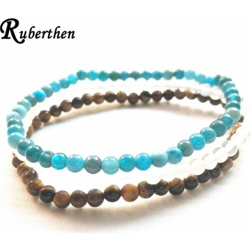 Ruberthen A Grade Blue Apatite Tiger Bracelet Set Natural White A-gate Bracelet 4 mm Mini Gem Stone Energy Bracelets